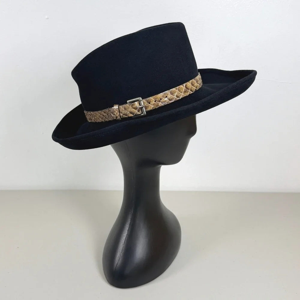 Eric Javits Black Felt Fedora Hat Genuine Python Band Buckle - Picture 1 of 9